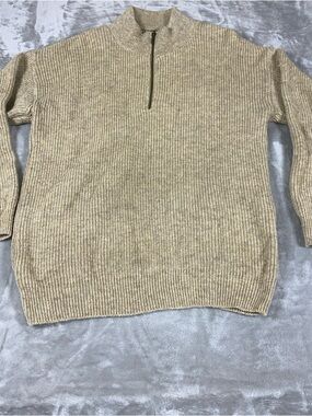 Knitworks Mens Medium Beige Ribbed Wool 1/4 Zip Sweater Fisherman New Zealand